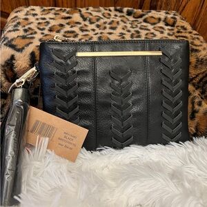 Black Leather Clutch with Chevron Design